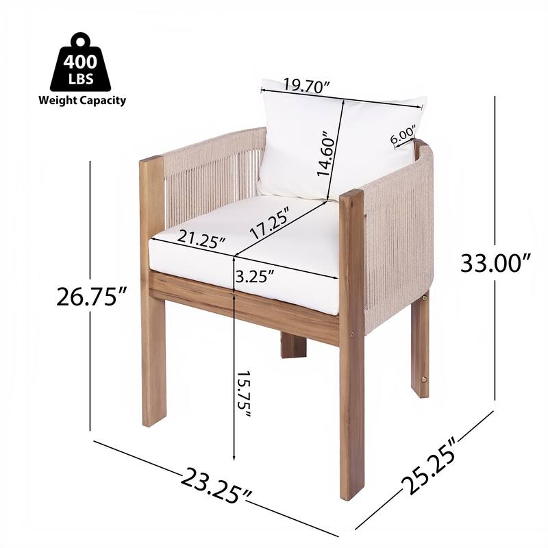 Roomfitters Matera Outdoor Acacia Wood Dining Chairs with Rope Back, Teak Finish and Beige Set of 2