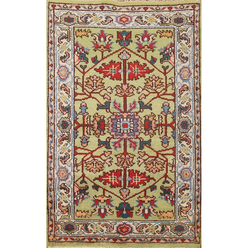 Hand Knotted Oriental 100% Wool Carpet Transitional Floral Green Oushak Area Rug - 4' 11'' X 3' 1''
