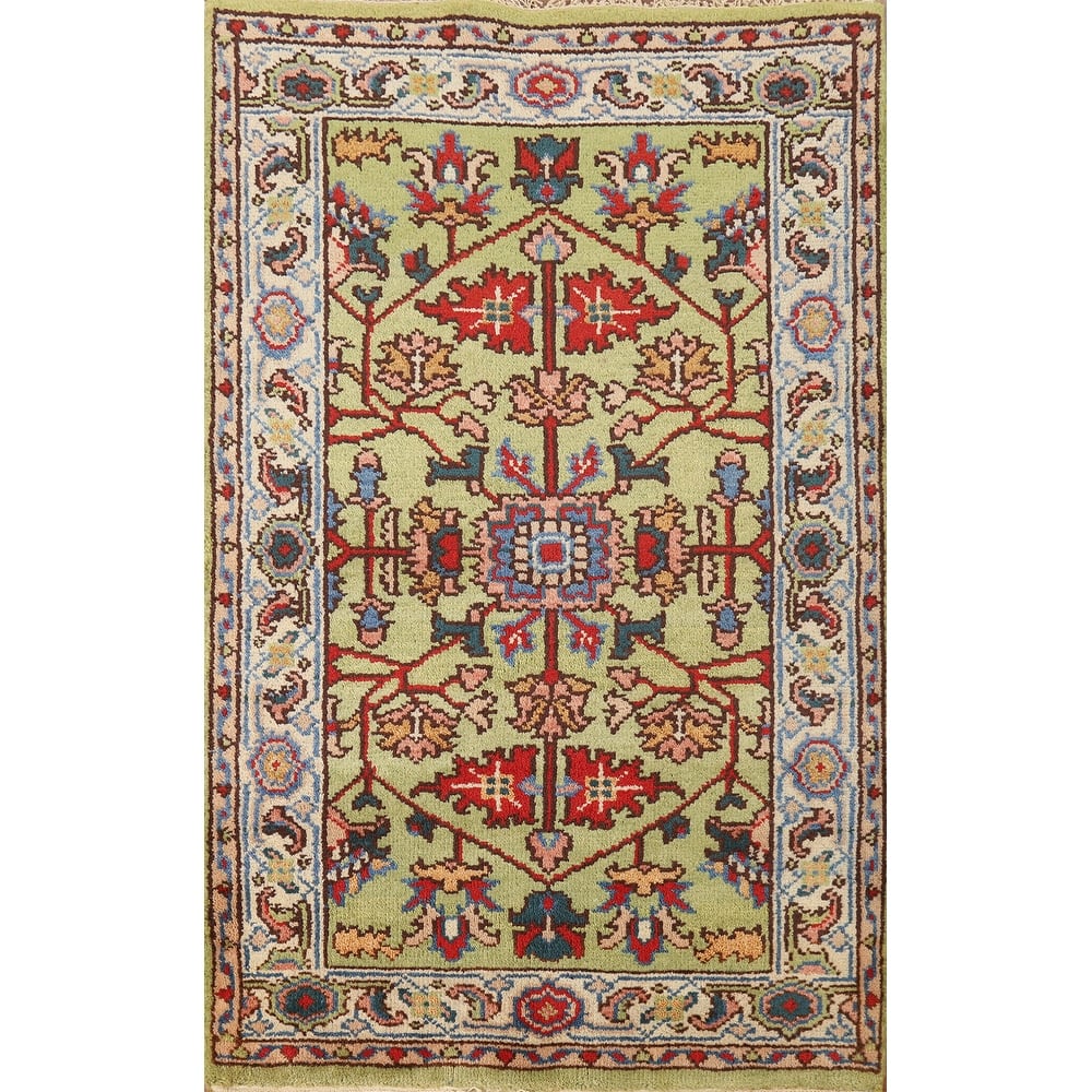 Hand Knotted Oriental 100% Wool Carpet Transitional Floral Green Oushak Area Rug - 4' 11'' X 3' 1''