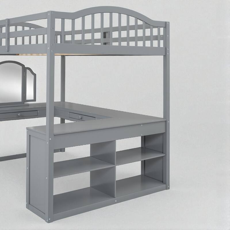 Full Size Wooden Loft Bed with U-Shaped Desk, 4 Compartments, 2 Drawers and Tri-Fold Mirror