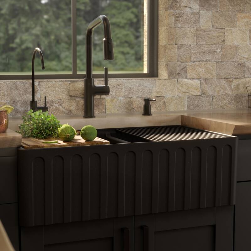 Karran 33" Double Bowl Workstation Fireclay Kitchen Sink with Reversible Fluted Apron Front