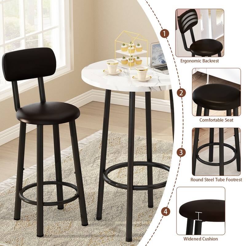 3-Piece Counter Height Bar Table Set, Faux Marble Round Bistro Dining Set with Two PU Leather Upholstered Chairs