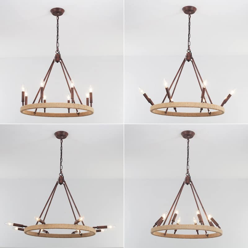 8-Light Rustic Hemp Rope Wagon Wheel Chandelier, Classic Farmhouse Chandelier for Dining Living Room - W23.62"x H20.47"