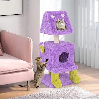 Cute Monster-Themed Cat Tower with 2 Comfortable Cat Condos and Plush Dangling Toys - 19" x 19" x 44"