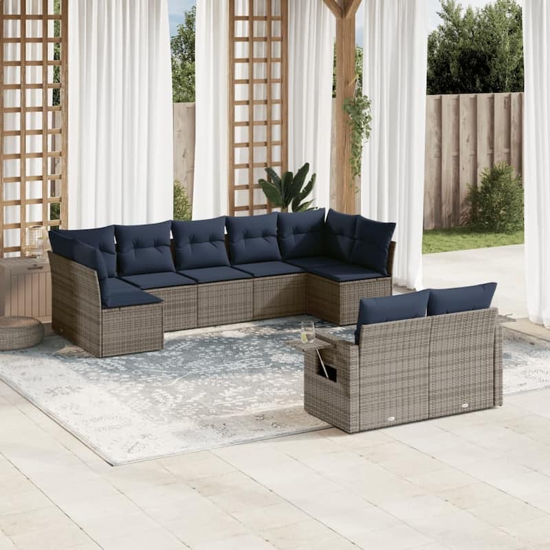 vidaXL Patio Sofa Set with Cushions Outdoor Conversation Furniture Poly Rattan - 24.4 x 24.4 x 27.2 - Grey and Blue-Without table