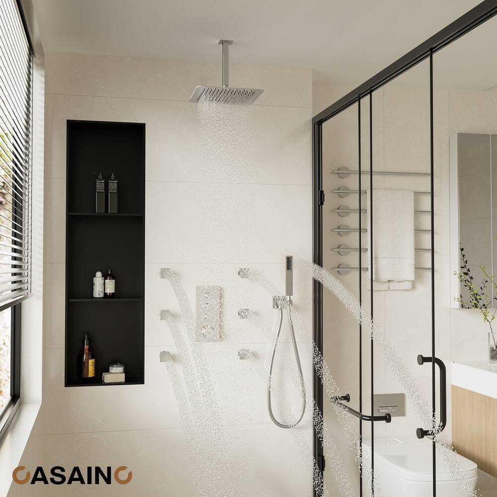 Luxury Thermostatic Shower System 1-Spray Patterns Ceiling Mount Fixed Shower Head and Handheld Spray with 6 Body Jets