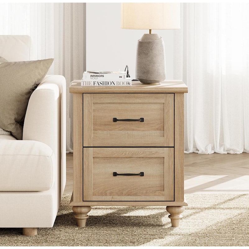 Nightstand with Charging Station, 2-Drawer End Table for Bedroom