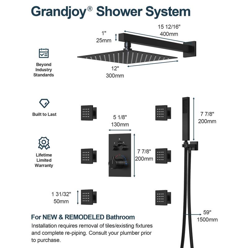 GRANDJOY Thermostatic Shower Faucet System Rainfall 12" Wall Mount Shower Faucet 6 Body Jets Handheld Spray High Pressure