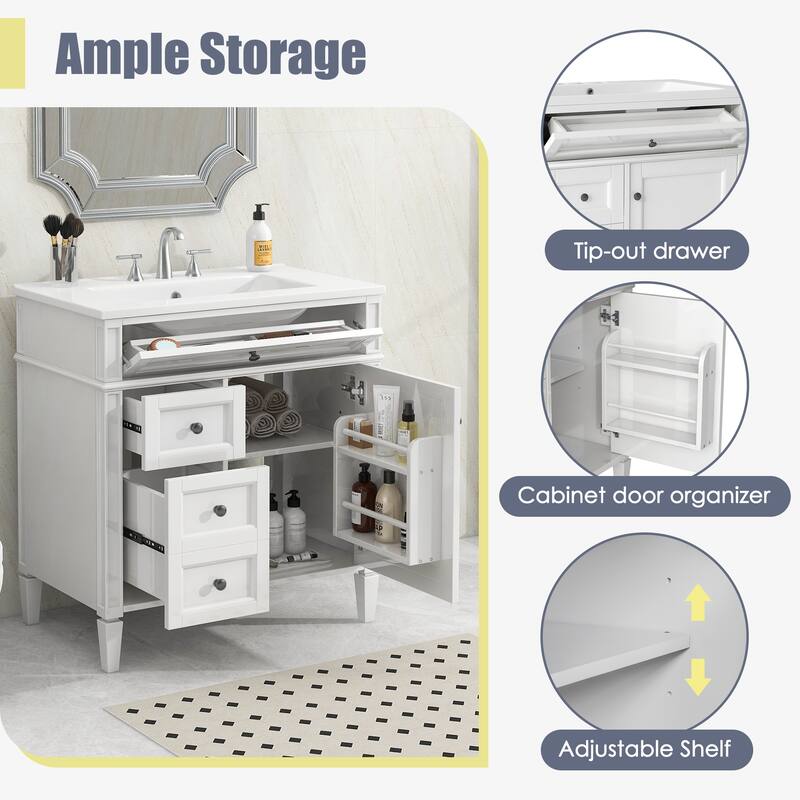 30" Bathroom Vanity with Sink - MDF and Solid Wood Cabinet, Roman Legs,Undermount Ceramic Sink,Freestanding Cabinet