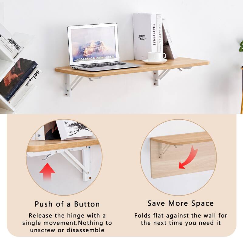 Minimalist Folding Wall Mounted Table Desk with Steel Brackets and Smooth Rounded Corners for Small Space or Home Office