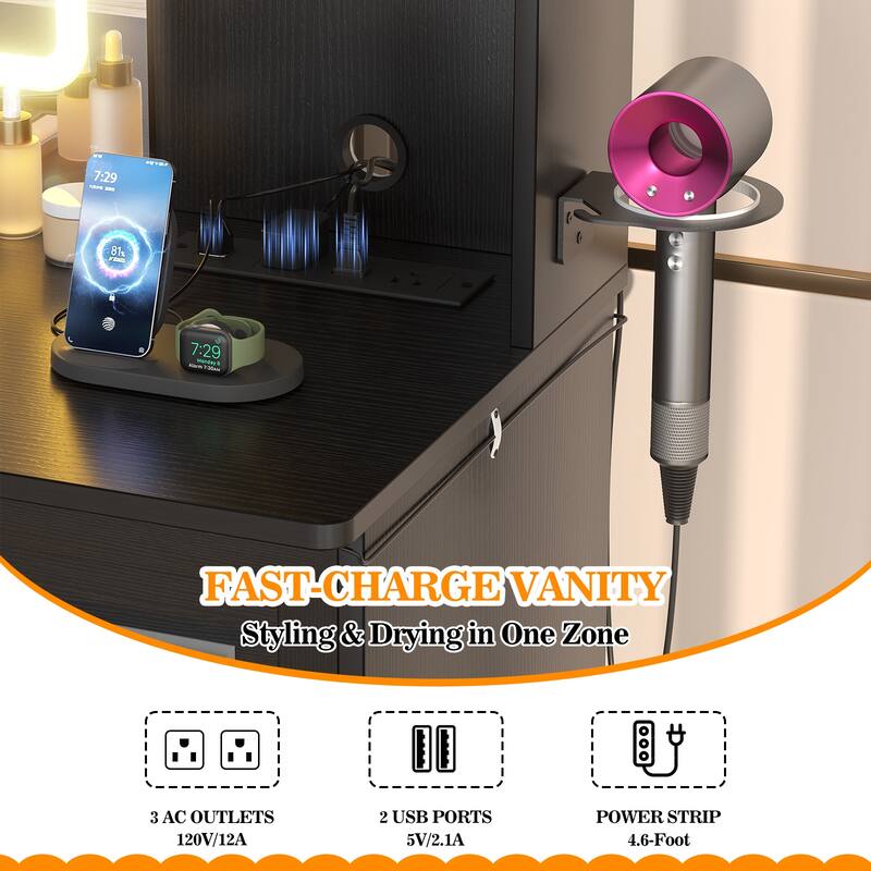 Modern Farmhouse Vanity Table with LED Mirror, Makeup Vanity Desk with Drawer, Cabinet, and Shelves