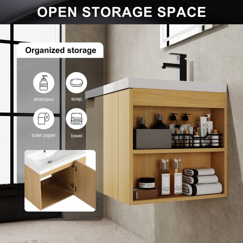 24" Bathroom Vanity Sink Combo with Generous Storage, Modern Oak Cabinet, Soft-Close Doors, and Easy Assembly