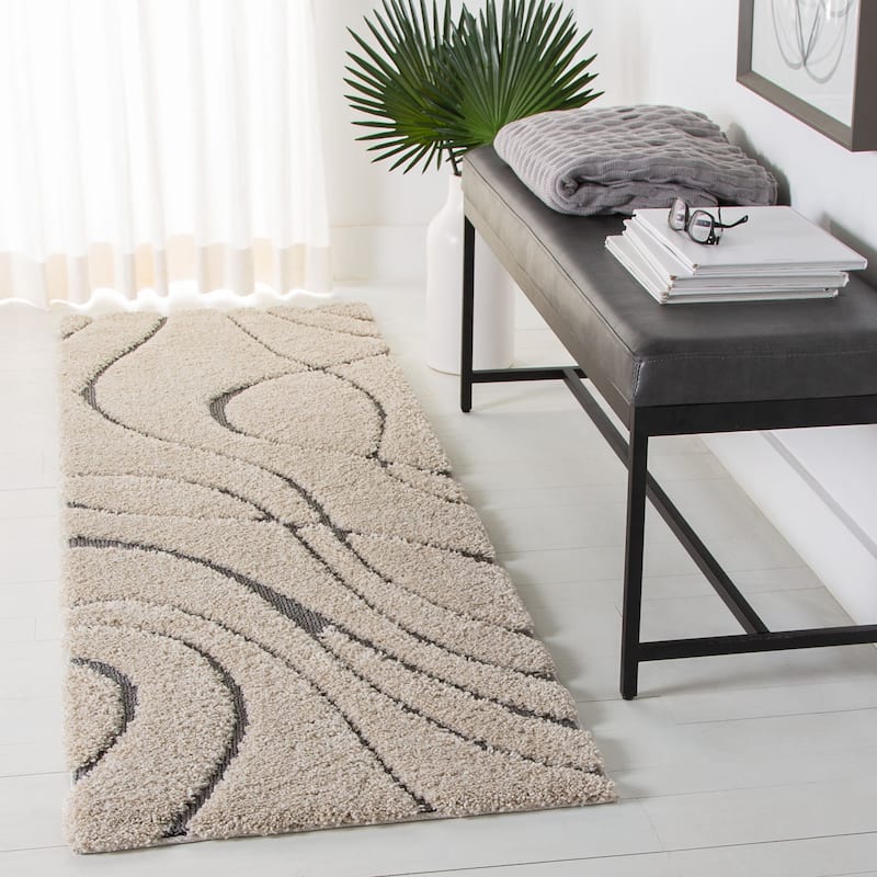 SAFAVIEH Florida Shag Sigtraud Abstract Waves 1.2-inch Thick Rug - 2'3" x 7' Runner - Cream/Grey - Runner