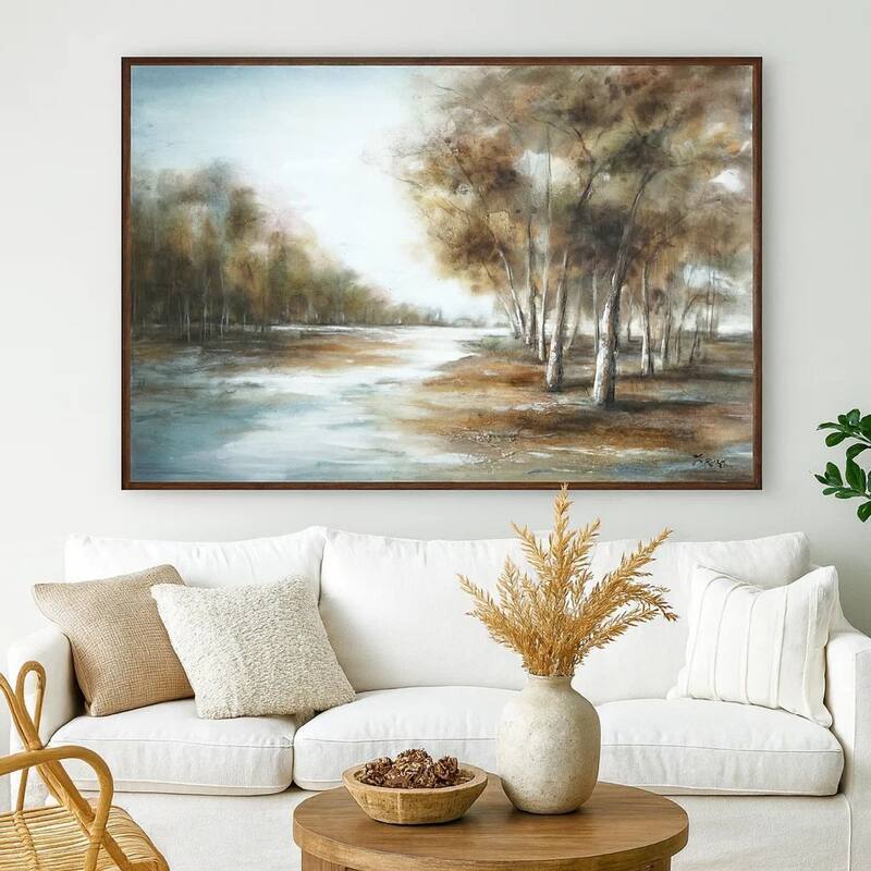 39 x 59 Hand Painted Forest Scenery, Resin Coat, Warm Blues and Browns - Green, Blue, White, Brown