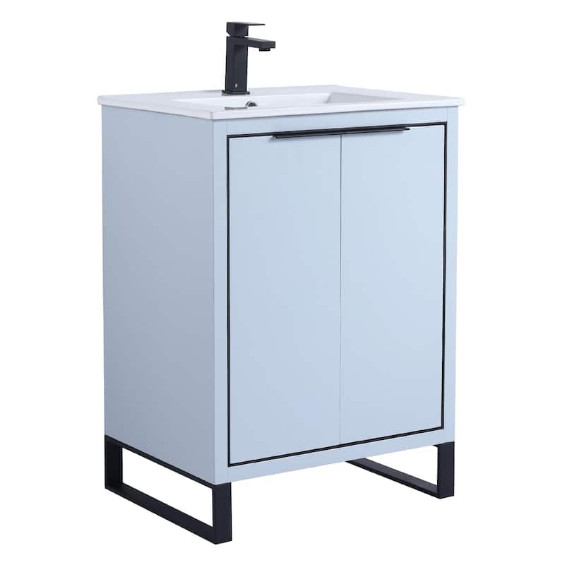 Fine Fixtures Opulence Collection Bathroom Vanity with White Ceramic Sink - 24 Inch - Pastel Blue - Black Hardware
