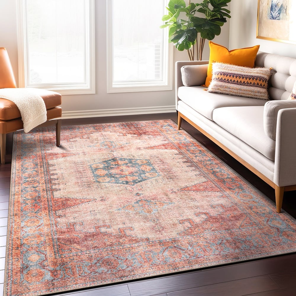 World Rug Gallery Vintage Bohemian Machine Washable Non Slip Area Rug