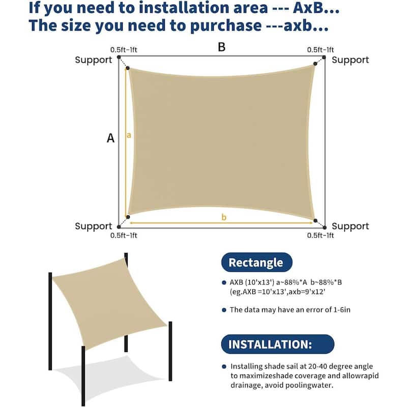 10'X13' Sun Shade Sail Shade Cloth, Sunshade for Patio, Backyard, Deck, Garden, Sand