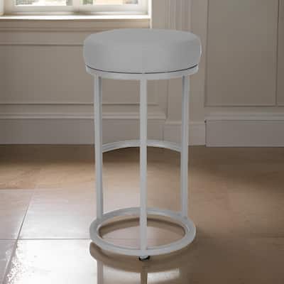 Tane 30 Inch Barstool, Round Gray Faux Leather Padded Seat, Gray Metal Base