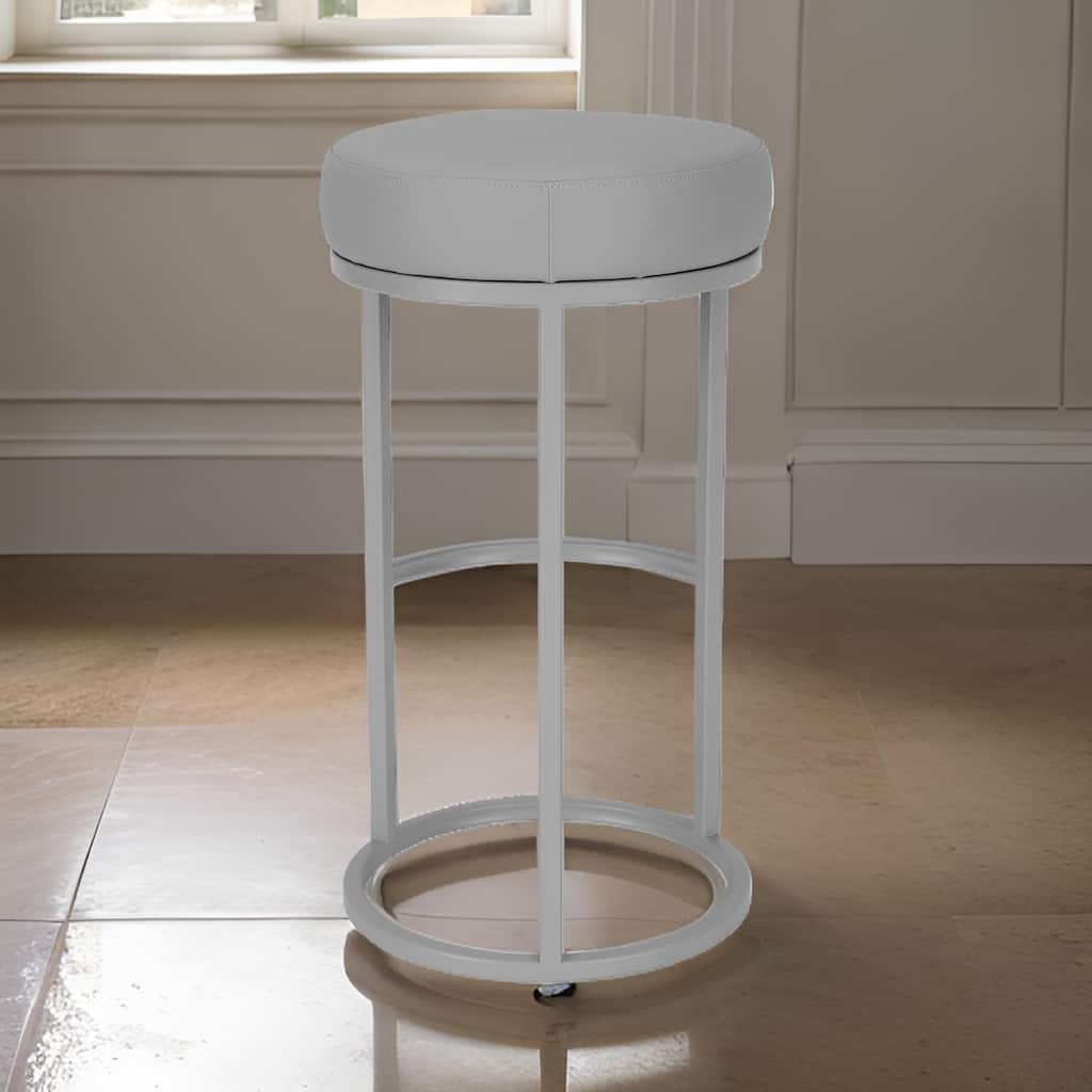 Tane 30 Inch Barstool, Round Gray Faux Leather Padded Seat, Gray Metal Base