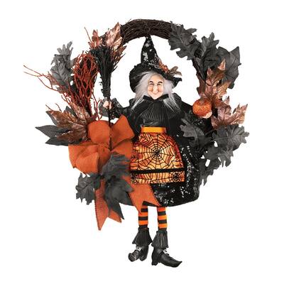 Orange & Black Glittery Witch Halloween Wreath - as picture
