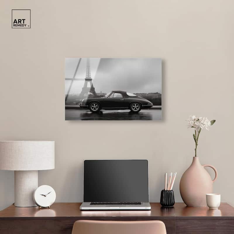 Classic Car and Eiffel Noir Acrylic by Art Remedy, Ready to Hang