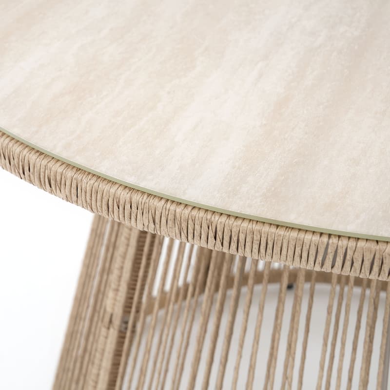 Modern Outdoor Round Glass Top Table with Woven Rattan Base