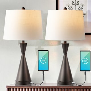 Roman 26" Classic French Country Iron LED Table Lamp with USB Charging Port, Nickel (Set of 2) by JONATHAN  Y