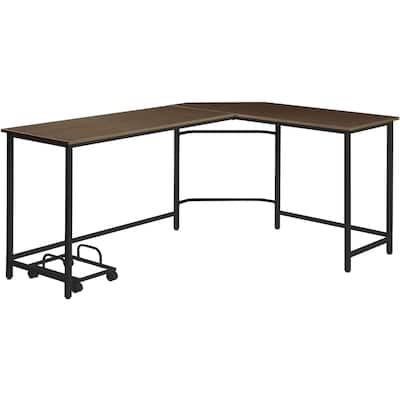 Wood L Shaped Computer Desk with Metal Base and Computer Holder
