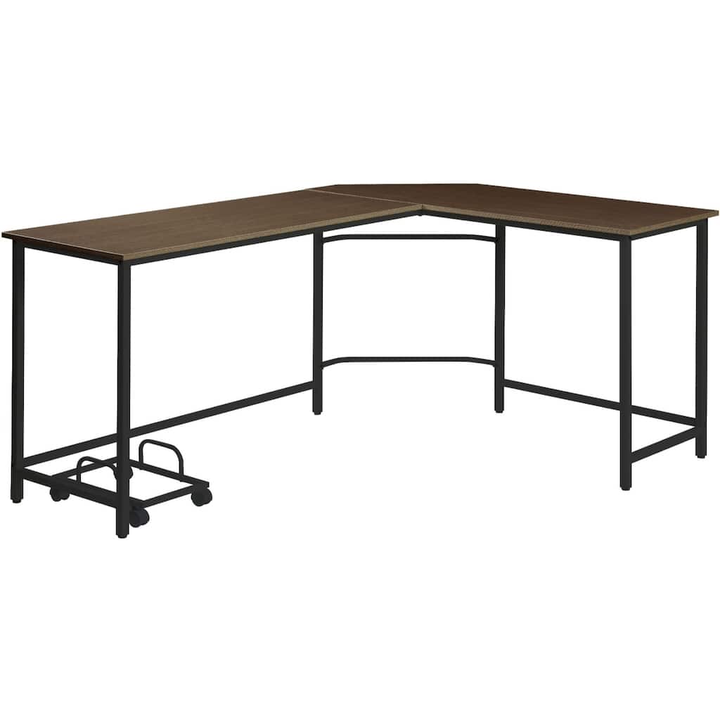 Wood L Shaped Computer Desk with Metal Base and Computer Holder