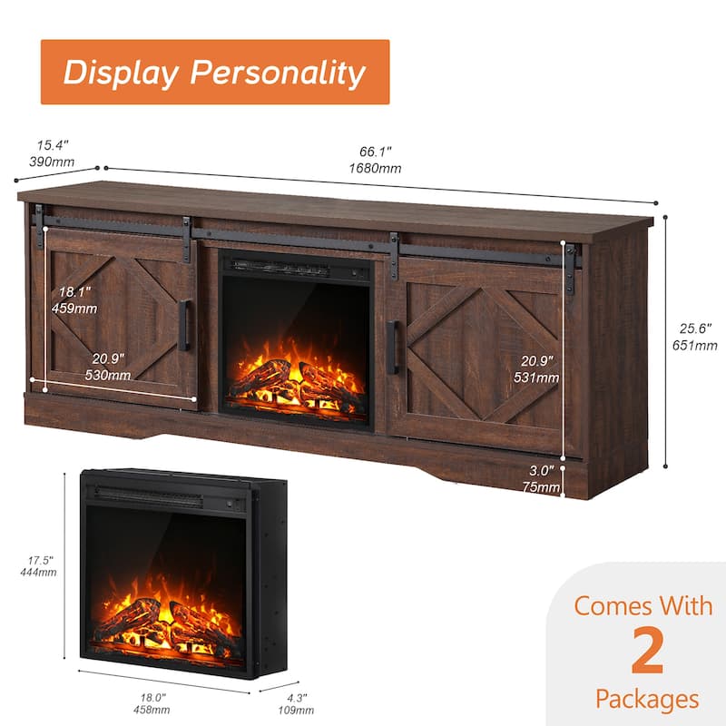 Fireplace TV Stand Farmhouse Sliding Barn Door Entertainment Center