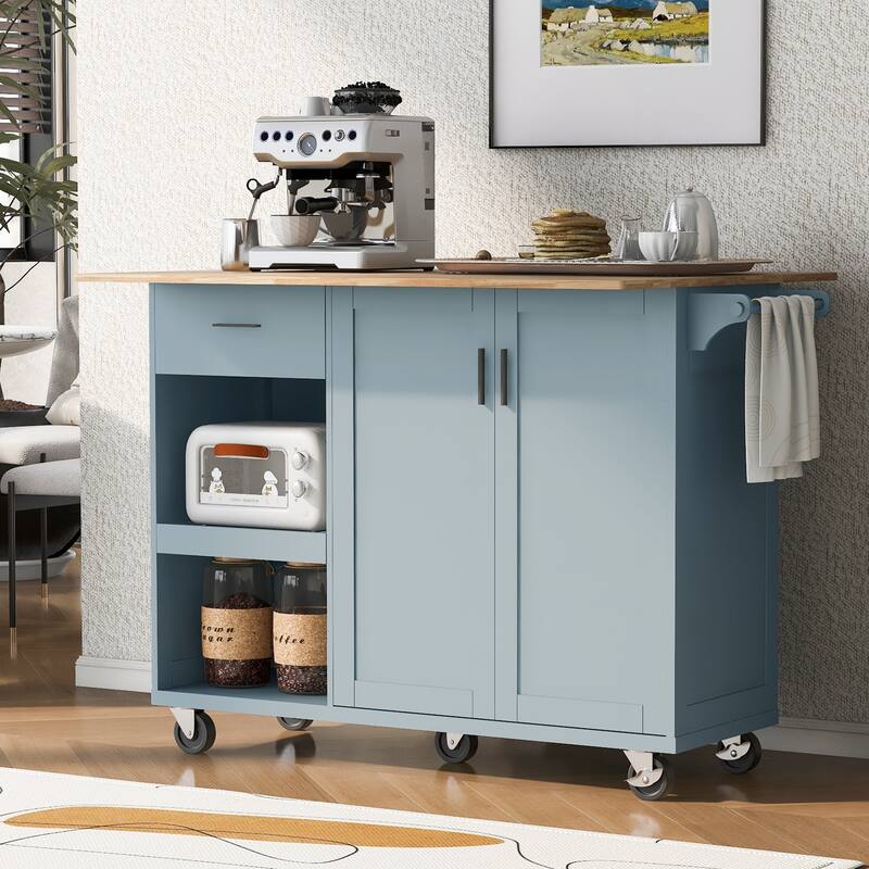 Space-Saving Kitchen Island with Foldable Countertop, Rolling Cart on Wheels, Towel Rack, Drawer & Slide-Out Shelf