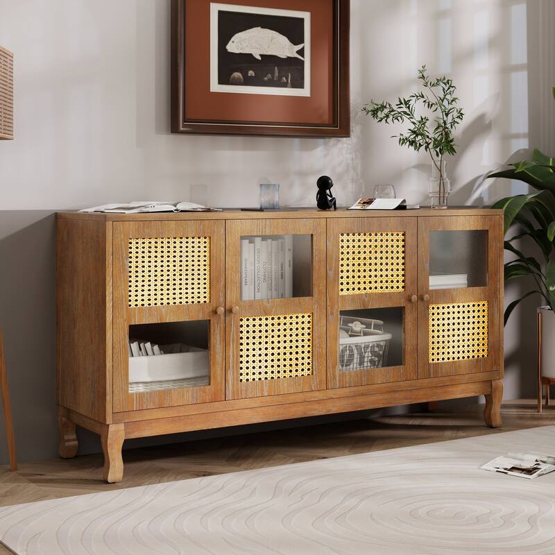 4-Door Sideboard with Large Storage Space Artificial Rattan Doors and Transparent Glass, for Dining Room Living Room