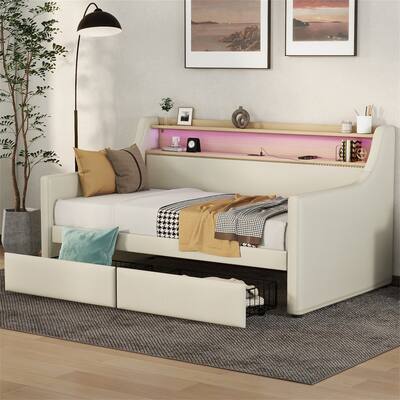 Modern Twin Size Upholstered Daybed with 2 Drawers, Charging Station