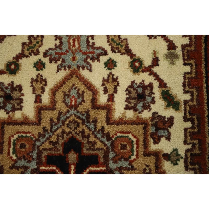 Hand Knotted Oriental 100% Wool Carpet Traditional Geometric Beige & Ivories Heriz (serapi) Runner Rug - 9' 11'' X 2' 5''
