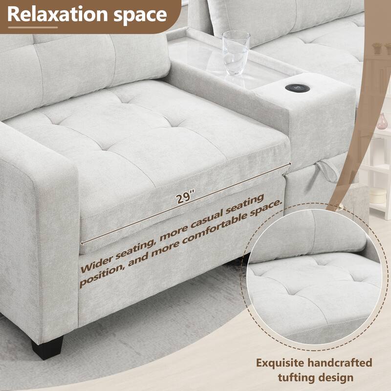 L-shape Chenille Sectional Sofa with 2 Acrylic Consoles Table Top, USB Charger, 2 Drawers, Pockets and Ottoman for Living Room