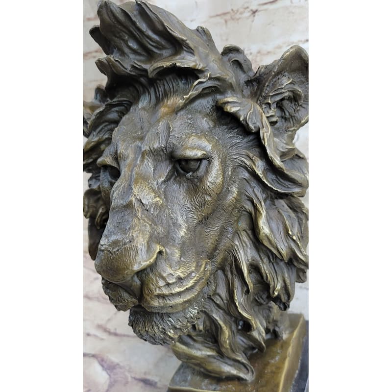 Hot Cast Bronze Male Lion Bust Sculpture Statue Original Art On Marble Base