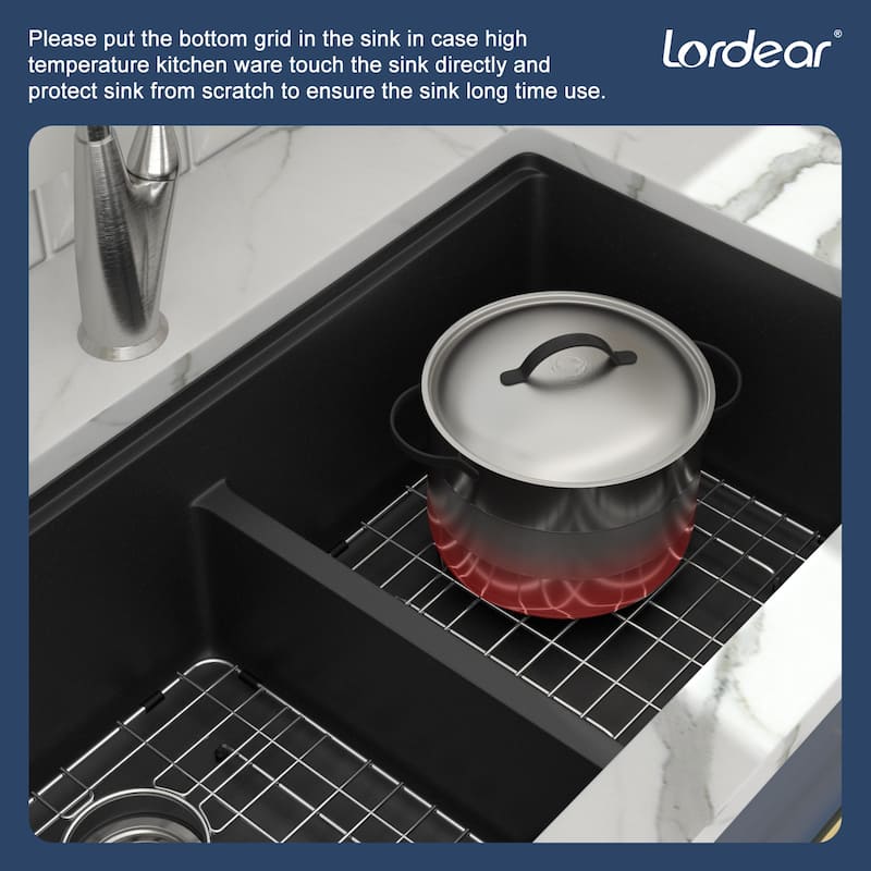 Lordear 33" Kitchen Sink Double Bowl Undermount Workstation Low Divider Quartz Composite Sink with Accessories