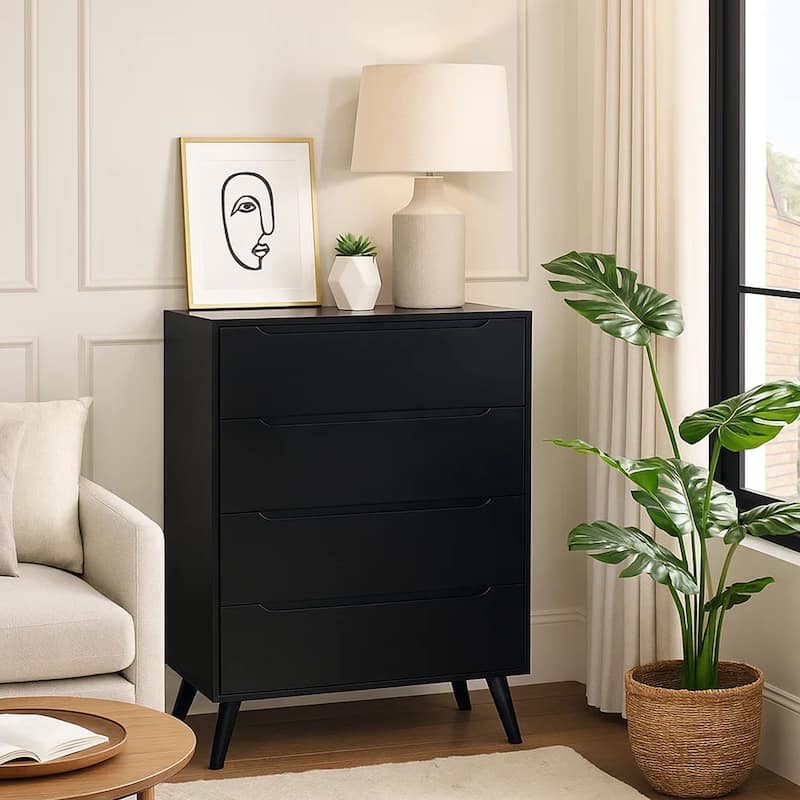 4- Drawer Wooden Chest With Round Tapered Legs, Black