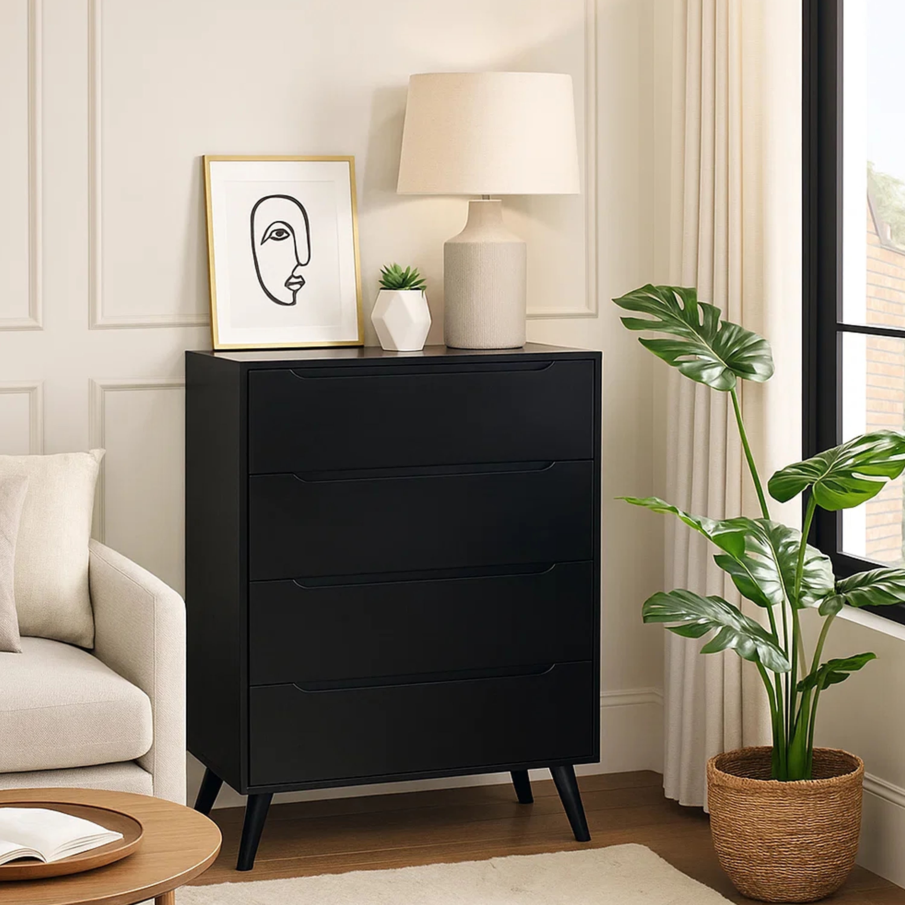 4- Drawer Wooden Chest With Round Tapered Legs, Black