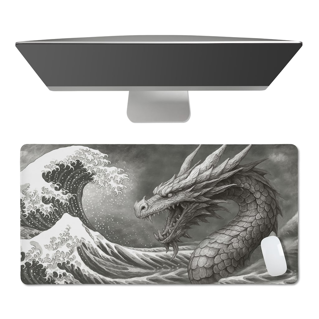 Sweet Jojo Designs Black and White Dragon Boy, Girl, Unisex/Gender Neutral Large Mouse Pad Desk Mat - Japanese Wave Art, Fantasy