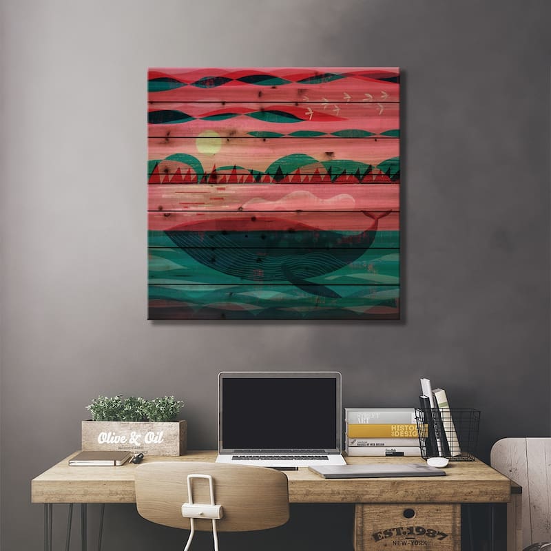 Early Morning Whale Print On Wood by Gareth Lucas - Multi-Color