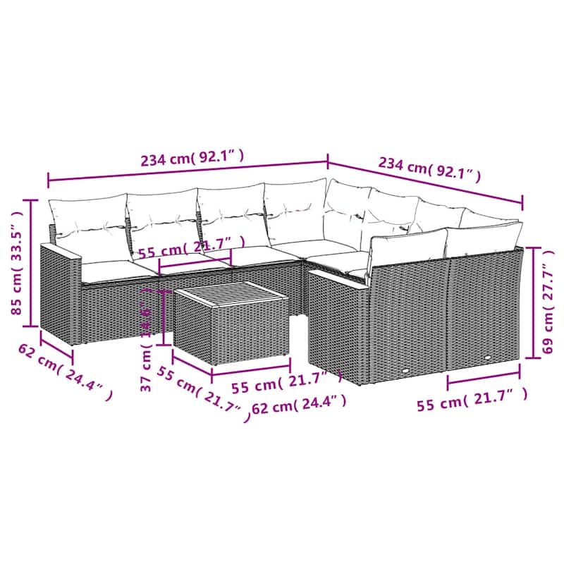vidaXL 9 Piece Patio Sofa Set with Cushions Black Poly Rattan - 113.8x33.5x112.6