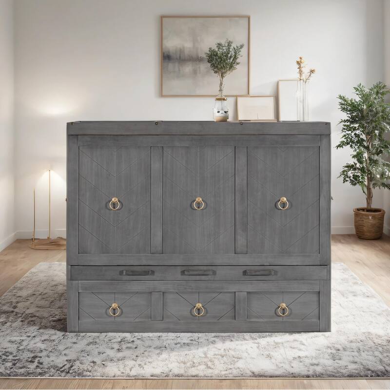 Full Size Wood Murphy Bed with USB Port Module and Drawer - Gray