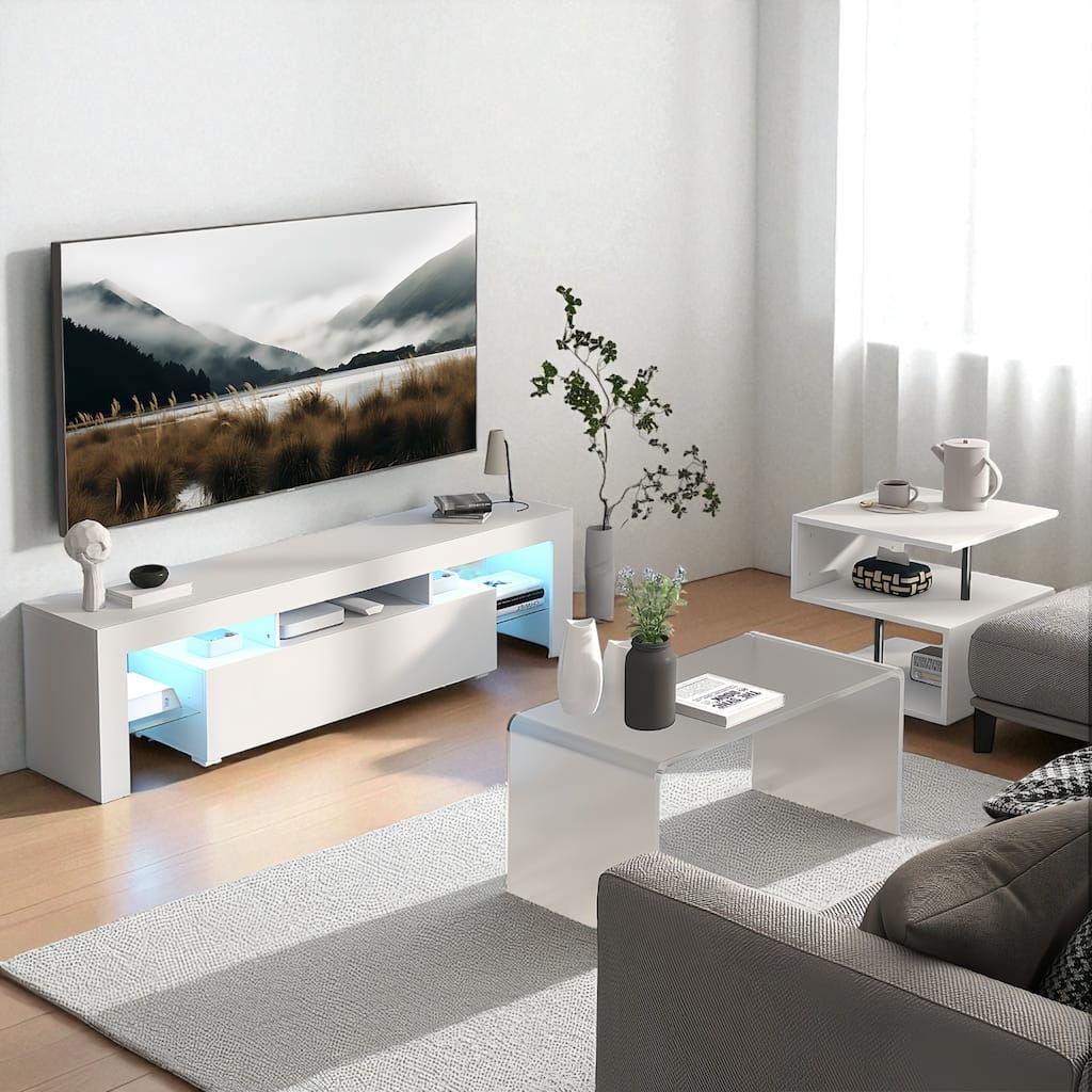 Modern LED TV Stand for 55 Inch TV, Entertainment Console with Flip Door, Glass Shelf & High Gloss UV Finish