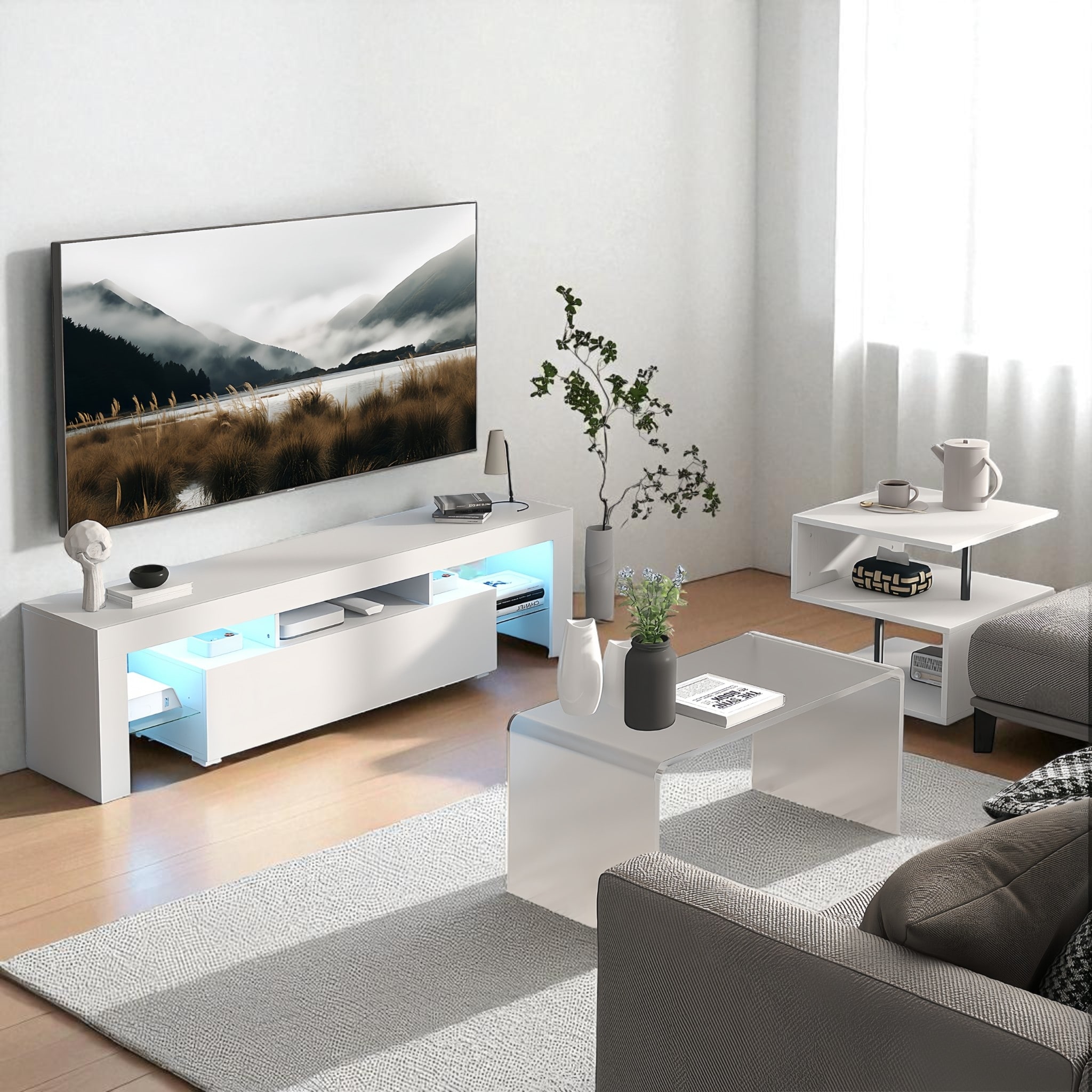 Modern LED TV Stand for 55 Inch TV, Entertainment Console with Flip Door, Glass Shelf & High Gloss UV Finish