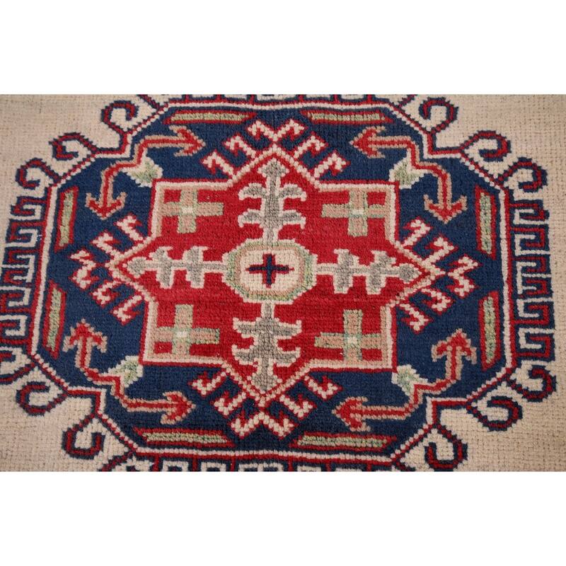 Ivory Geometric Kazak Accent Rug Hand-Knotted Wool Carpet - 2'10" x 3'10"