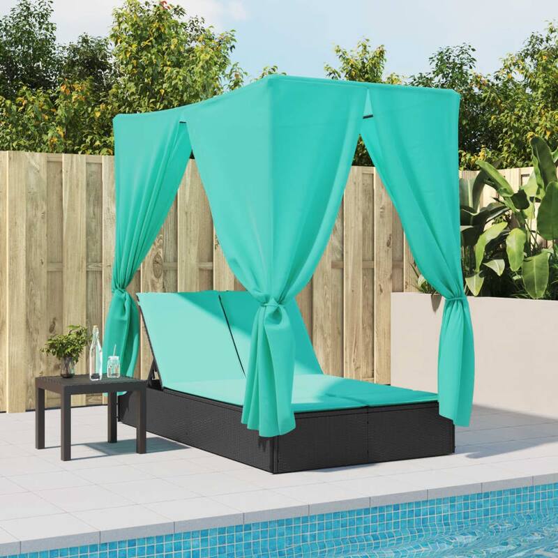 vidaXL Double Sun Lounger with Roof and Curtains Brown/Gray/Black Poly Rattan - 78.7" x 44.9" x 77.2"