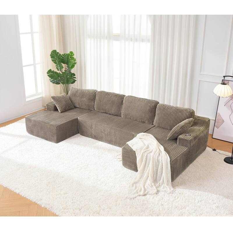 130" U-Shaped Corduroy Sectional Sofa with Cup Holders, No Assembly Required