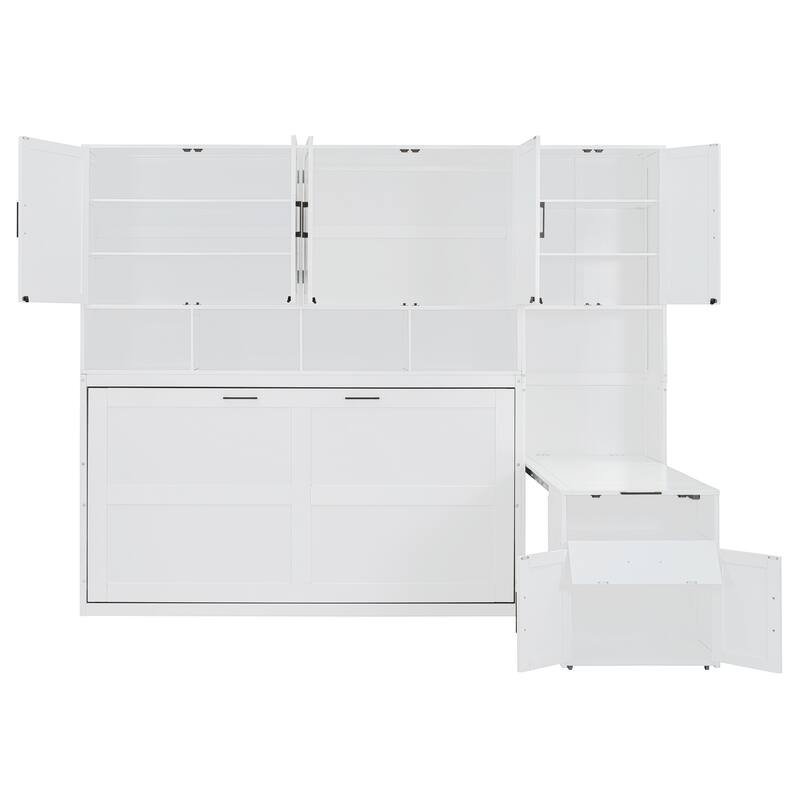Space-Saving Twin Murphy Bed with Closet, Drawers & Desk in White/Gray