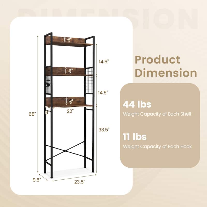 3-Tier Over-The-Toilet Bathroom Storage Rack Rustic Brown Wood and Steel Organizer with Hooks - 23.5" x 9.5" x 68" (L x W x H)